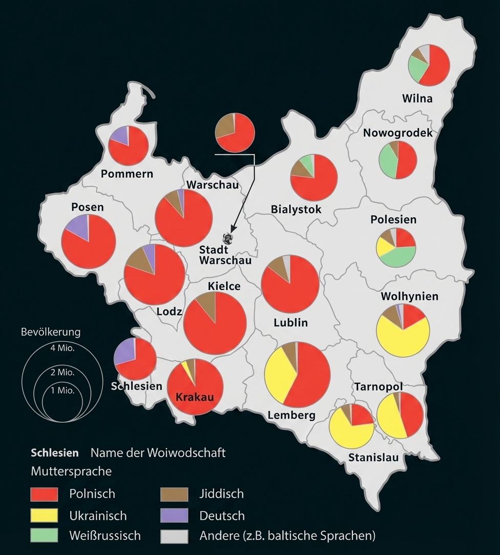Regionale Karte Polens mit Tortendiagrammen zur Verteilung von Muttersprachen.